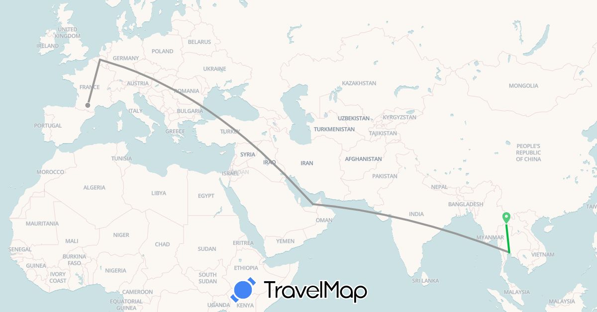 TravelMap itinerary: driving, bus, plane in United Arab Emirates, Belgium, France, Thailand (Asia, Europe)